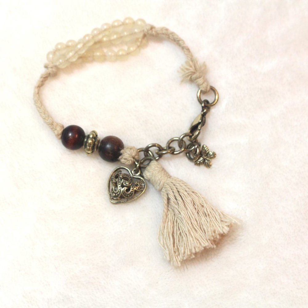 Boutique Natural Rope Bronze Charm Heart Butterfly Bohemian Wood Bead Bracelet - Picture 12 of 12